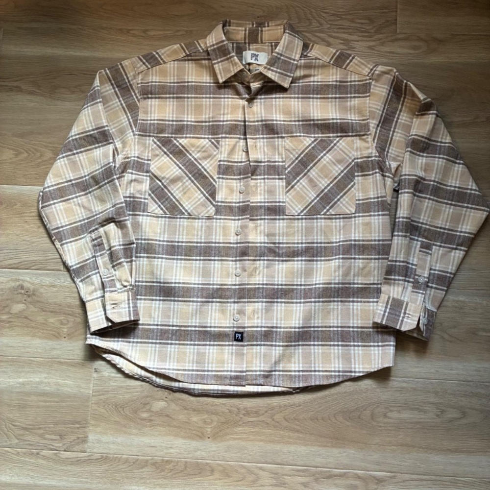 New PX Plaid Flannel Men's Medium Khaki Cream Button-Up Shirt NWT Brand new tags